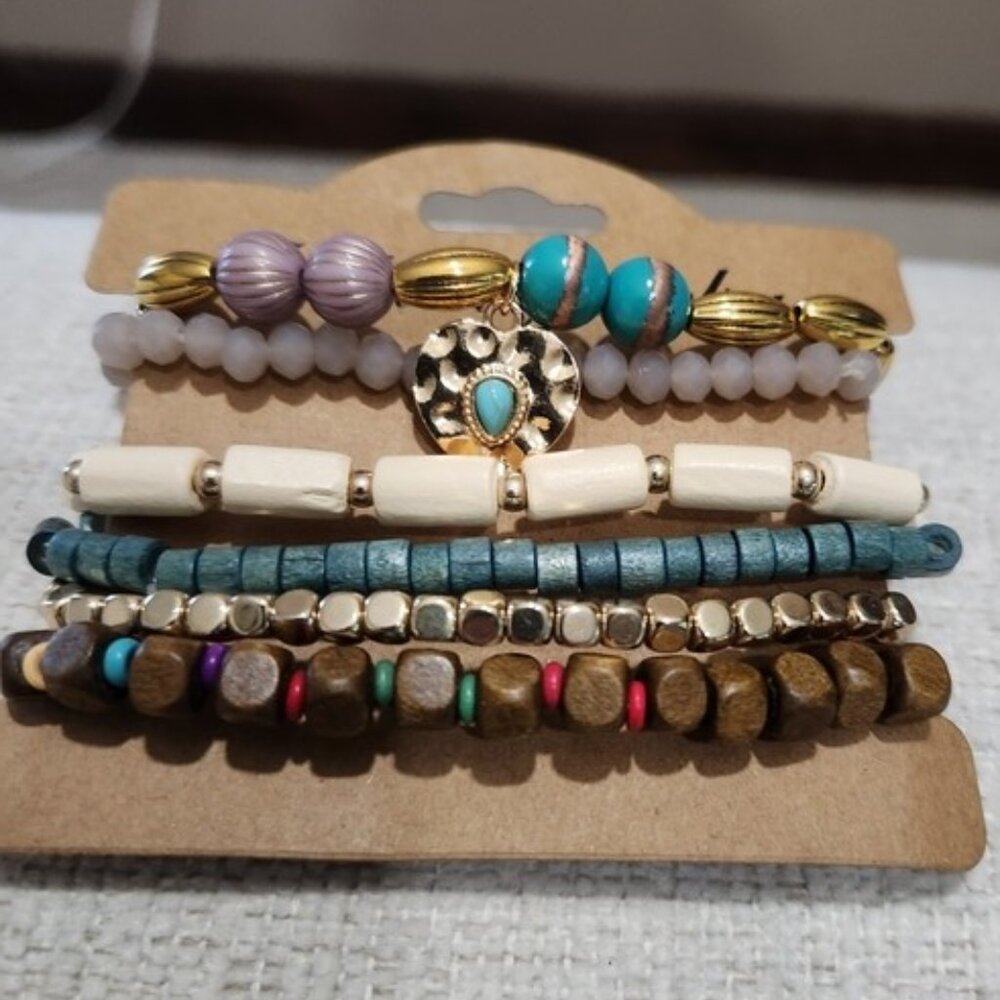 Nwt Womens Blue Brown and Gold Bohemian Beaded Bracelets